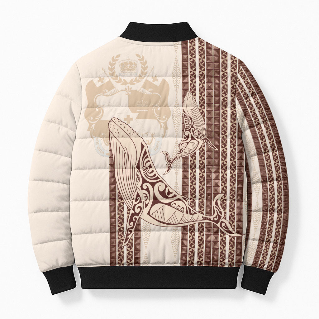 Swimming With Humpback Whales Season Tonga Bomber Puffer Jacket Tongan Tofuaa Ngatu Pattern Brown LT14 - Polynesian Pride