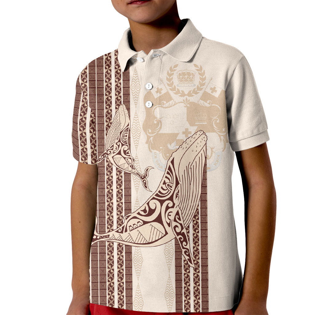 Swimming With Humpback Whales Season Tonga Kid Polo Shirt Tongan Tofuaa Ngatu Pattern Brown LT14 Kid Brown - Polynesian Pride