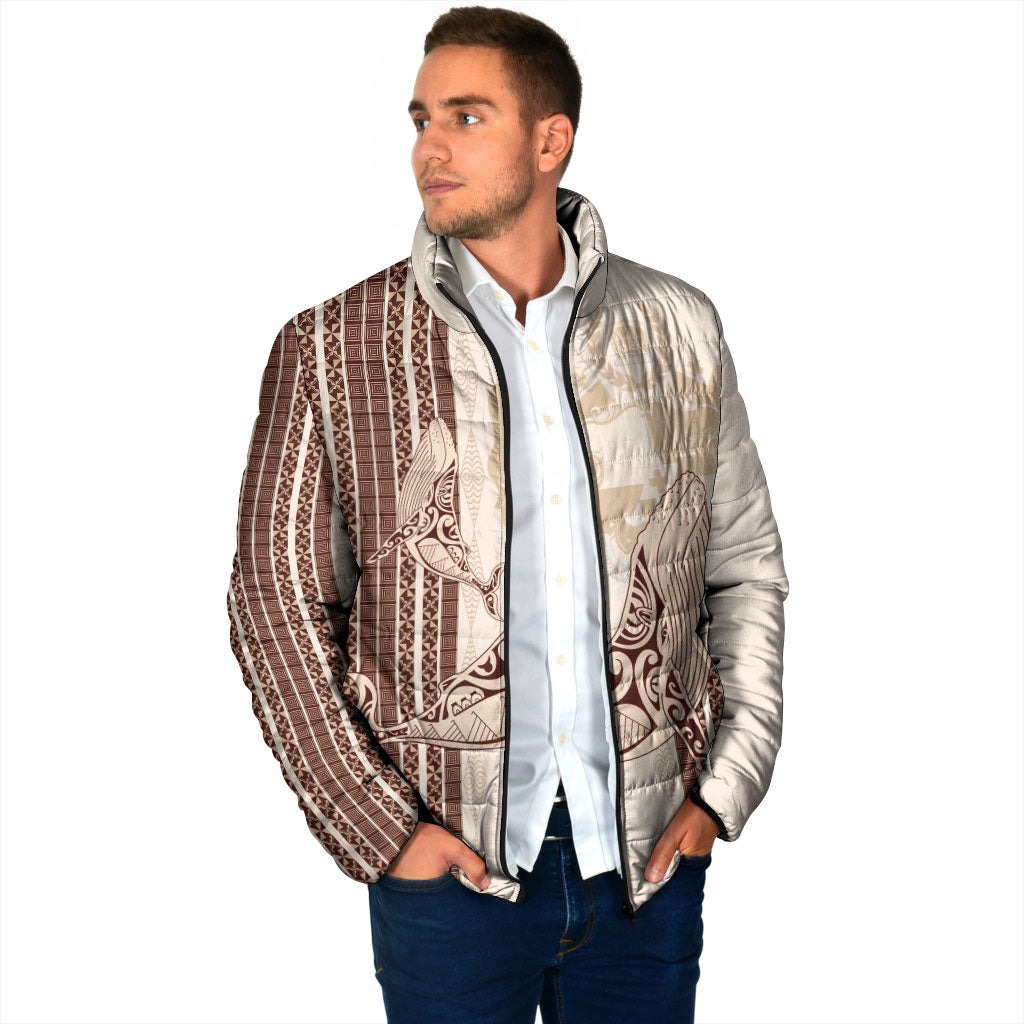 Swimming With Humpback Whales Season Tonga Padded Jacket Tongan Tofuaa Ngatu Pattern Brown LT14 - Polynesian Pride
