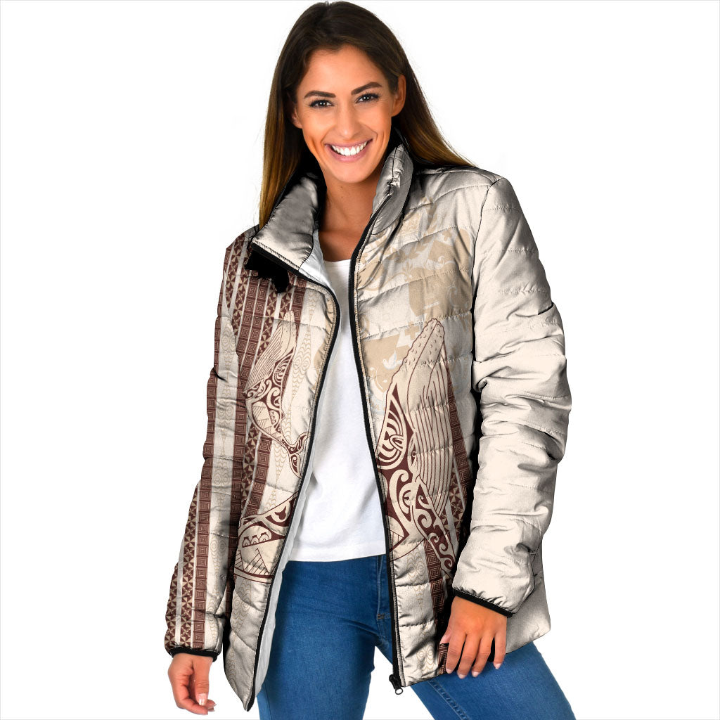 Swimming With Humpback Whales Season Tonga Padded Jacket Tongan Tofuaa Ngatu Pattern Brown LT14 Women Brown - Polynesian Pride
