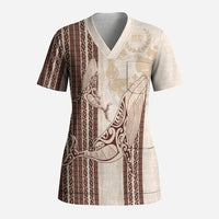 Swimming With Humpback Whales Season Tonga Scrub Top Tongan Tofuaa Ngatu Pattern Brown LT14 Adult Brown - Polynesian Pride