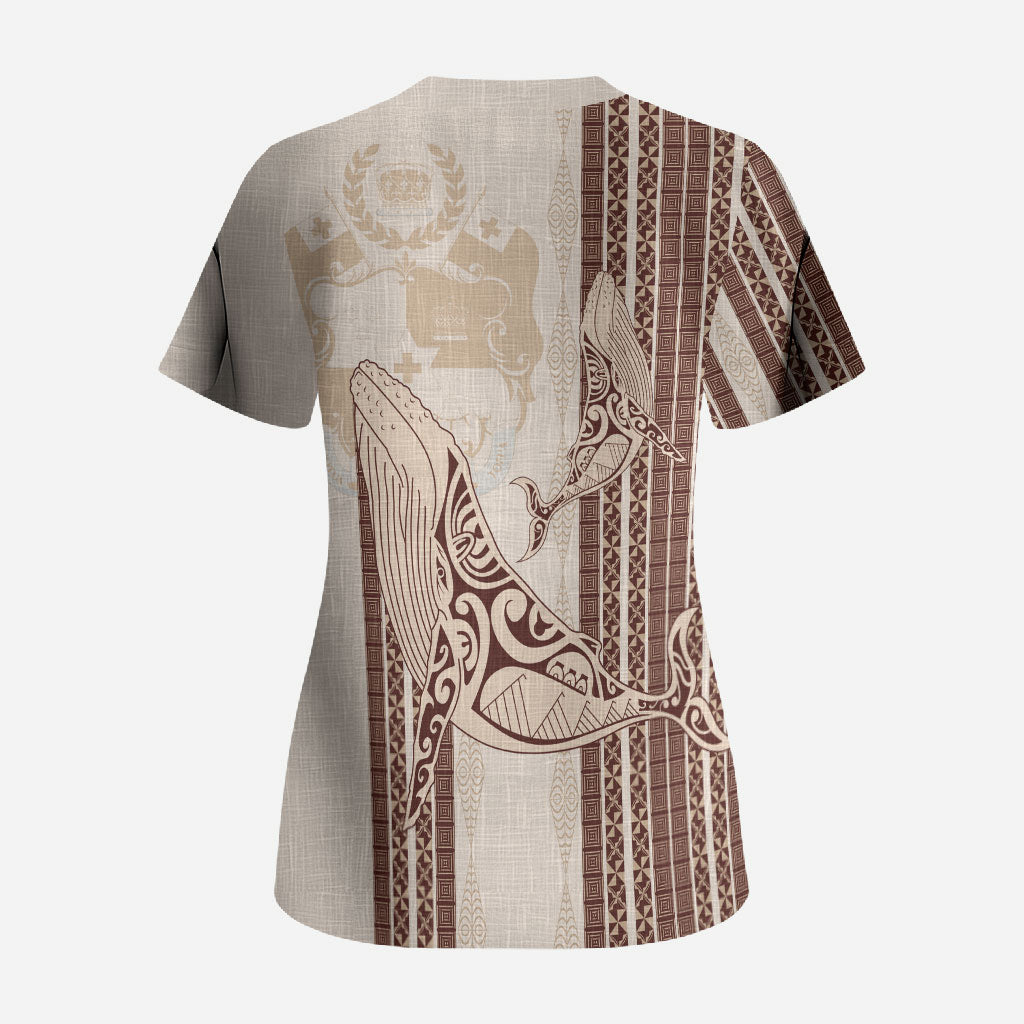 Swimming With Humpback Whales Season Tonga Scrub Top Tongan Tofuaa Ngatu Pattern Brown LT14 - Polynesian Pride