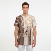 Swimming With Humpback Whales Season Tonga Scrub Top Tongan Tofuaa Ngatu Pattern Brown LT14 - Polynesian Pride