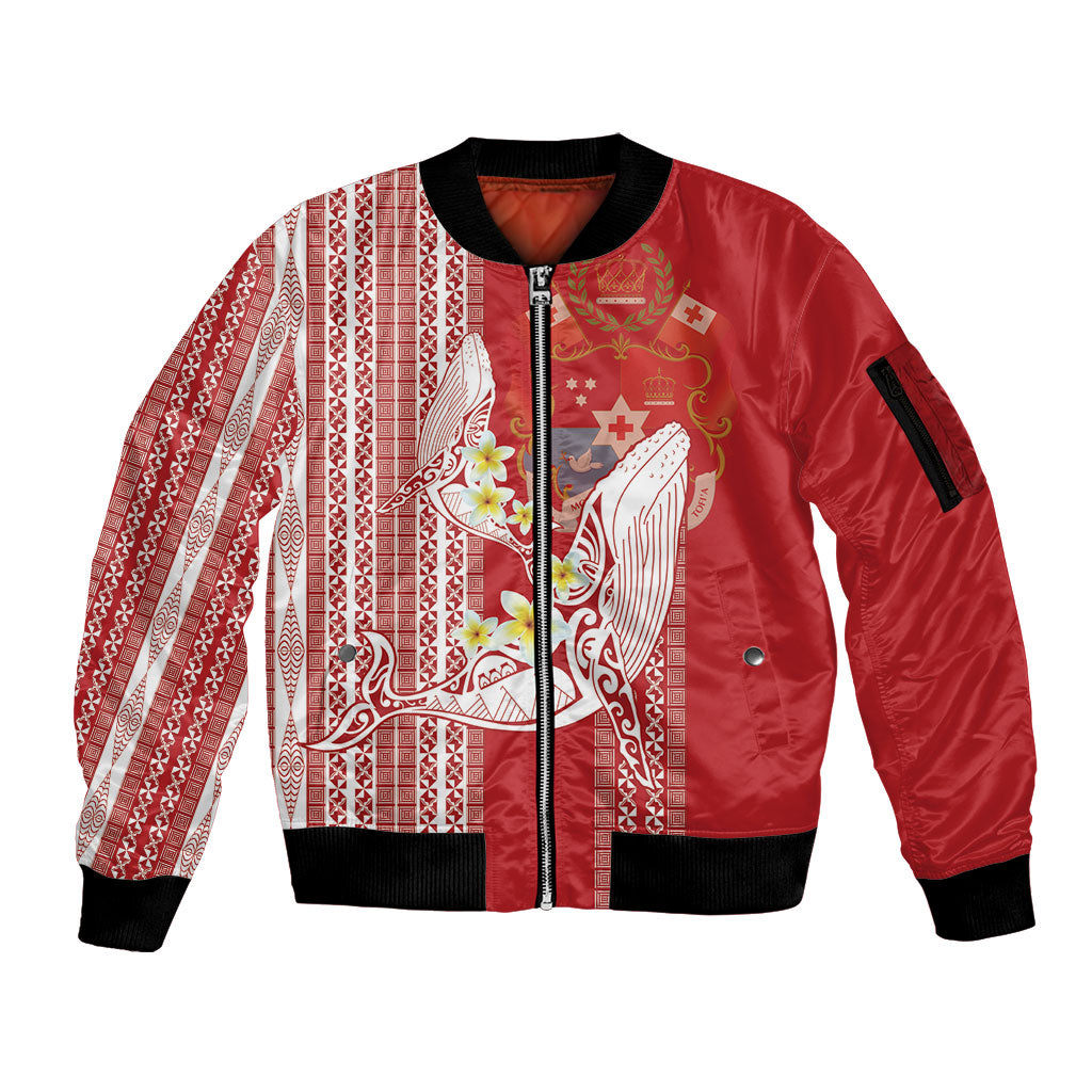 Swimming With Humpback Whales Season Tonga Sleeve Zip Bomber Jacket Tongan Tofuaa Ngatu Pattern Red LT14 Unisex Red - Polynesian Pride