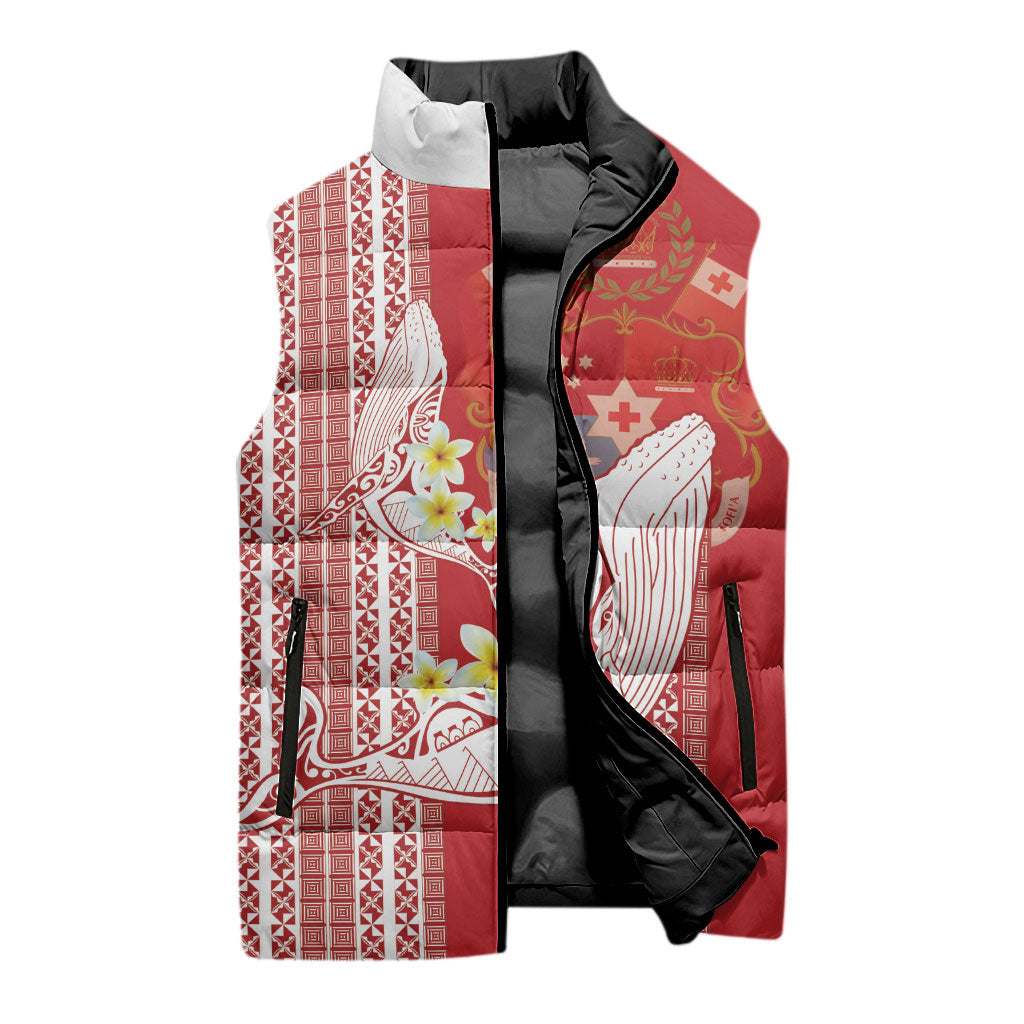 Swimming With Humpback Whales Season Tonga Sleeveless Puffer Jacket Tongan Tofuaa Ngatu Pattern Red LT14 - Polynesian Pride