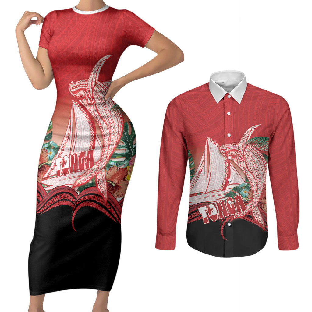 Vavau Sailing Festival Tonga Personalised Couples Matching Short Sleeve Bodycon Dress and Long Sleeve Button Shirt Humpback Whale Sailboat Tropical Vibes