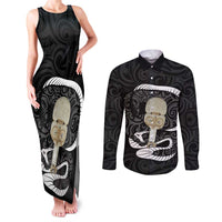 Black New Zealand Eel Couples Matching Tank Maxi Dress and Long Sleeve Button Shirt Aotearoa Maori Tuna With Kotiate Weapon