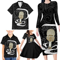 Black New Zealand Eel Family Matching Long Sleeve Bodycon Dress and Hawaiian Shirt Aotearoa Maori Tuna With Kotiate Weapon LT14 - Polynesian Pride