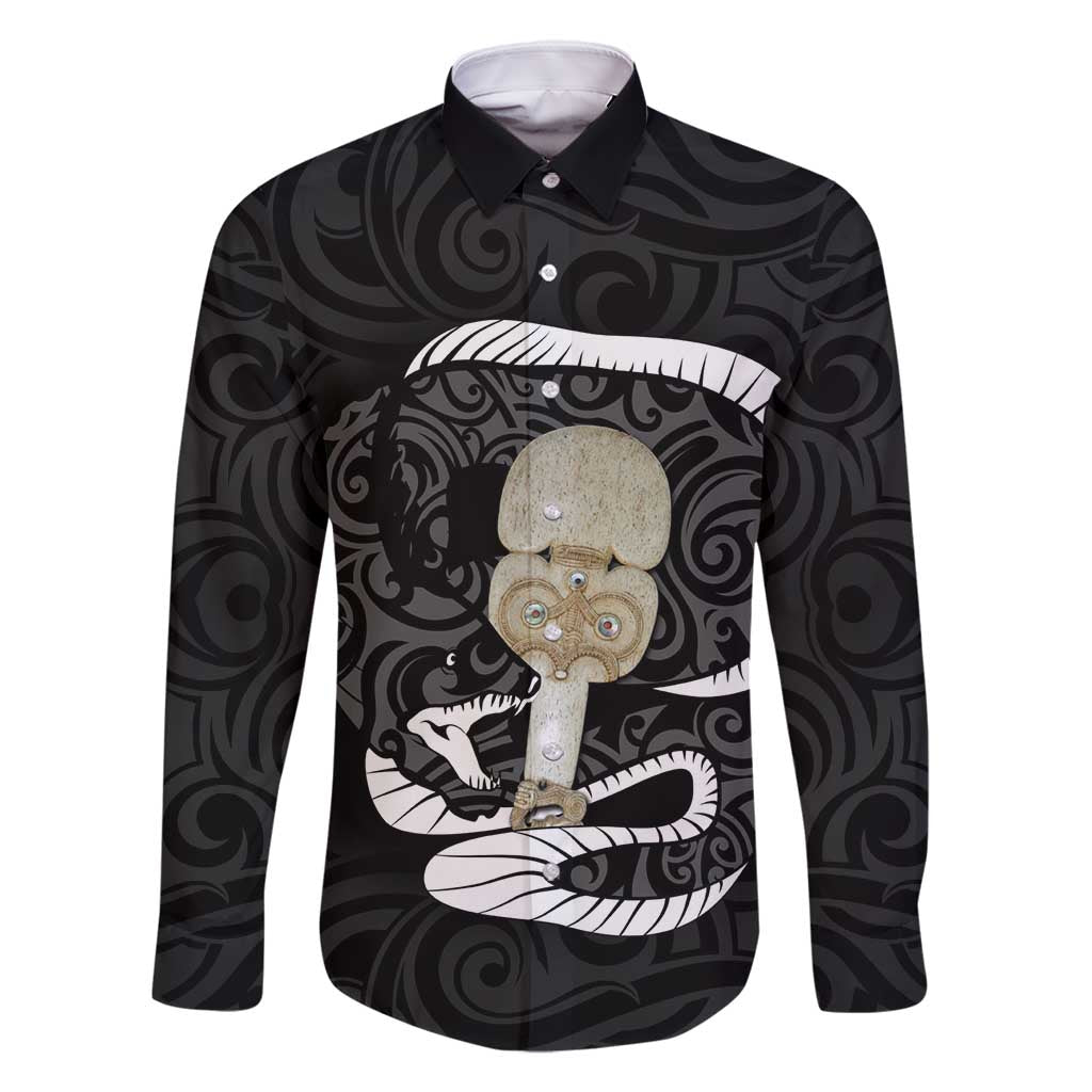 Black New Zealand Eel Family Matching Mermaid Dress and Hawaiian Shirt Aotearoa Maori Tuna With Kotiate Weapon LT14 Dad's Shirt - Long Sleeve Black - Polynesian Pride