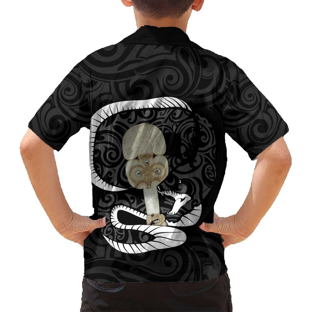 Black New Zealand Eel Family Matching Off Shoulder Maxi Dress and Hawaiian Shirt Aotearoa Maori Tuna With Kotiate Weapon LT14 - Polynesian Pride