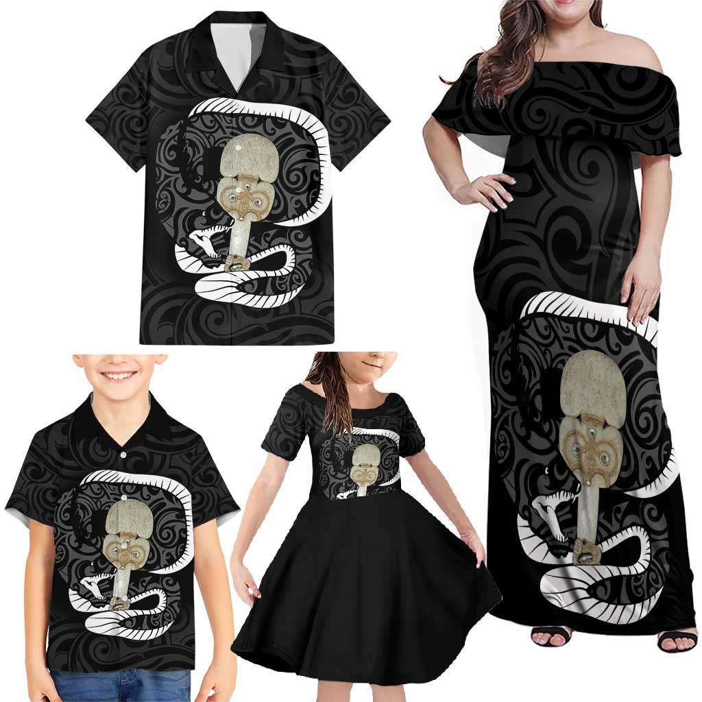Black New Zealand Eel Family Matching Off Shoulder Maxi Dress and Hawaiian Shirt Aotearoa Maori Tuna With Kotiate Weapon LT14 - Polynesian Pride
