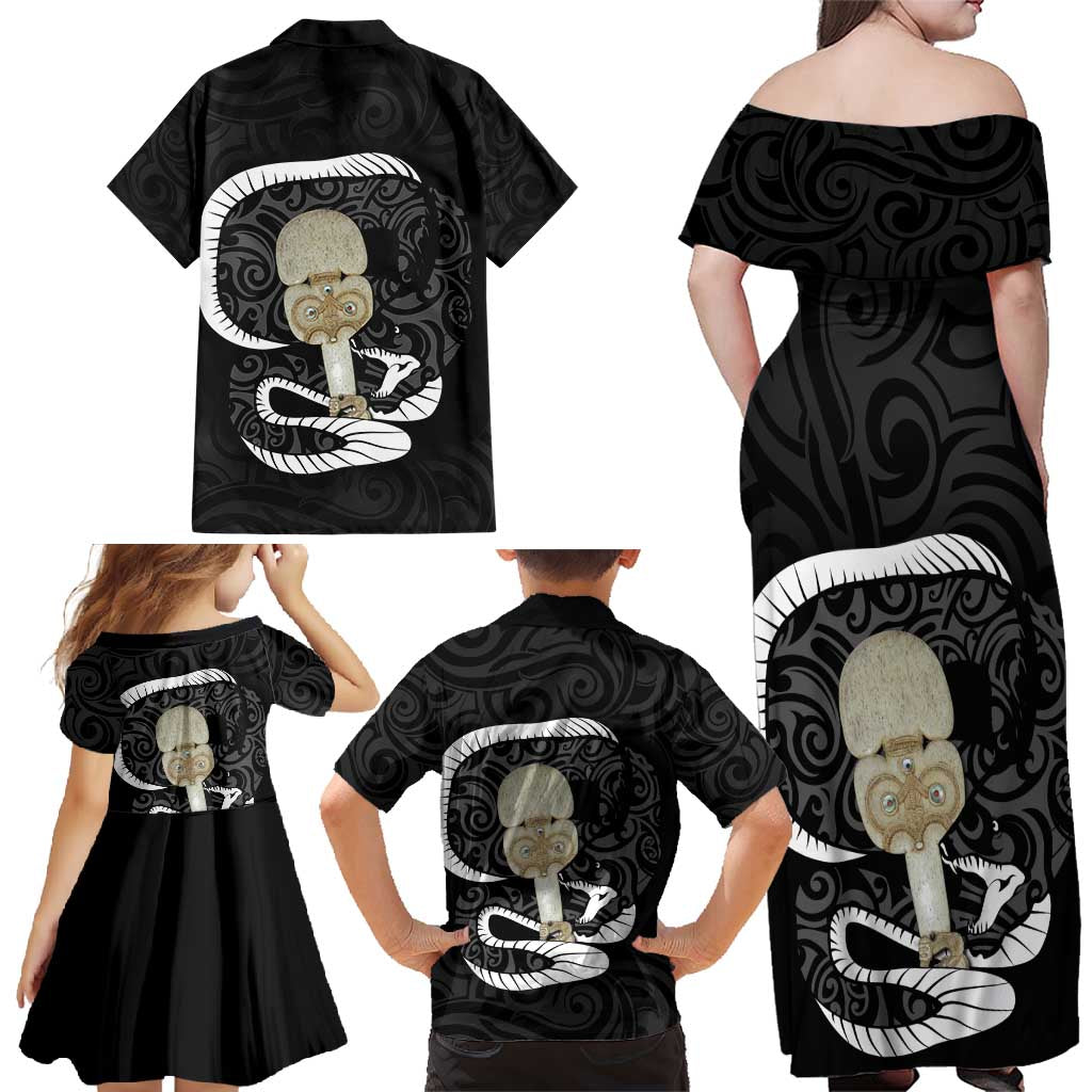 Black New Zealand Eel Family Matching Off Shoulder Maxi Dress and Hawaiian Shirt Aotearoa Maori Tuna With Kotiate Weapon LT14 - Polynesian Pride