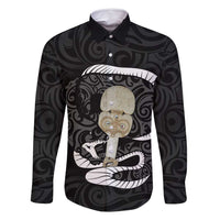 Black New Zealand Eel Family Matching Off Shoulder Maxi Dress and Hawaiian Shirt Aotearoa Maori Tuna With Kotiate Weapon LT14 Dad's Shirt - Long Sleeve Black - Polynesian Pride