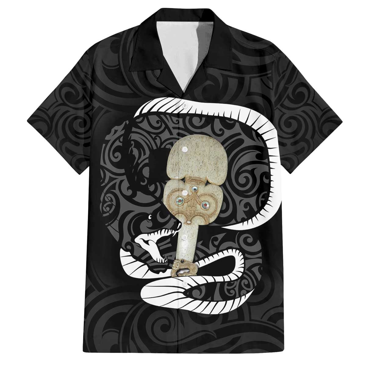 Black New Zealand Eel Family Matching Off Shoulder Short Dress and Hawaiian Shirt Aotearoa Maori Tuna With Kotiate Weapon LT14 Dad's Shirt - Short Sleeve Black - Polynesian Pride