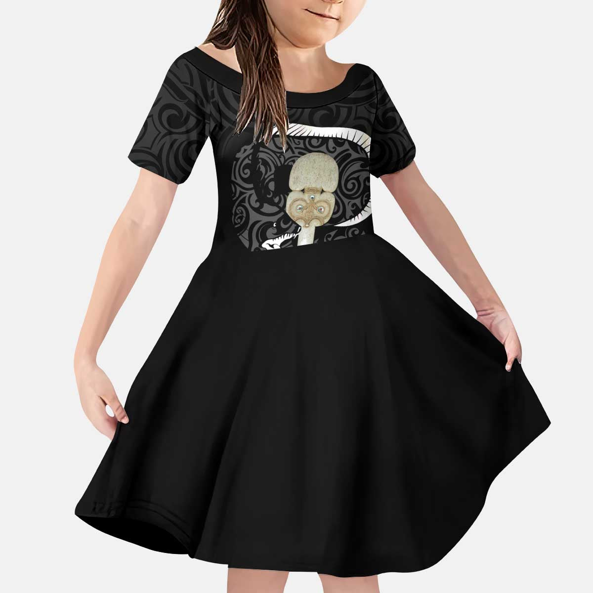 Black New Zealand Eel Family Matching Puletasi and Hawaiian Shirt Aotearoa Maori Tuna With Kotiate Weapon LT14 Daughter's Dress Black - Polynesian Pride