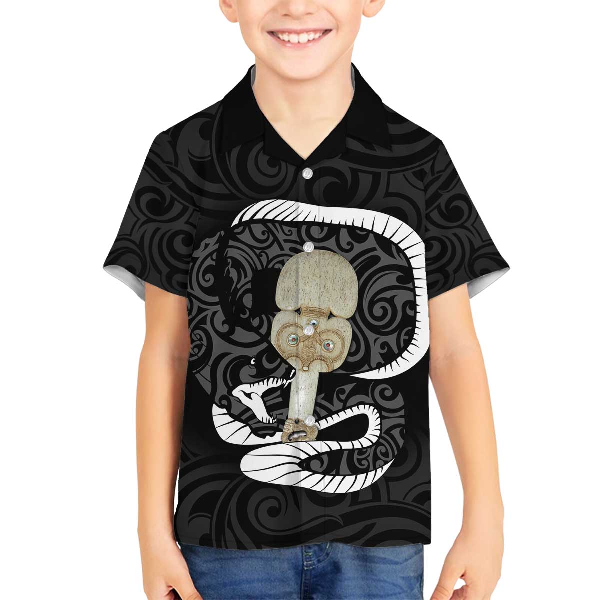 Black New Zealand Eel Family Matching Puletasi and Hawaiian Shirt Aotearoa Maori Tuna With Kotiate Weapon LT14 Son's Shirt Black - Polynesian Pride
