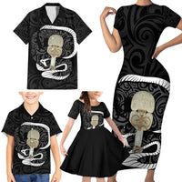 Black New Zealand Eel Family Matching Short Sleeve Bodycon Dress and Hawaiian Shirt Aotearoa Maori Tuna With Kotiate Weapon LT14 - Polynesian Pride