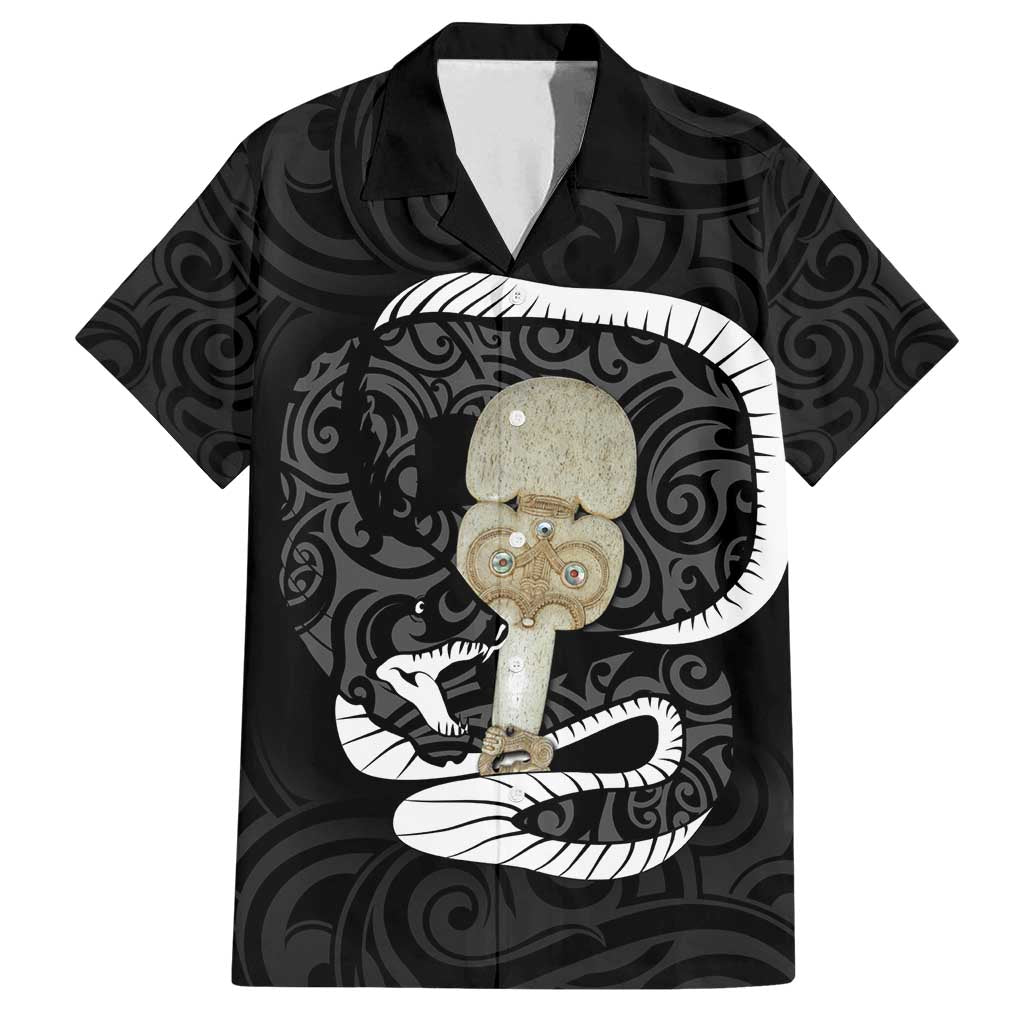 Black New Zealand Eel Family Matching Summer Maxi Dress and Hawaiian Shirt Aotearoa Maori Tuna With Kotiate Weapon LT14 Dad's Shirt - Short Sleeve Black - Polynesian Pride