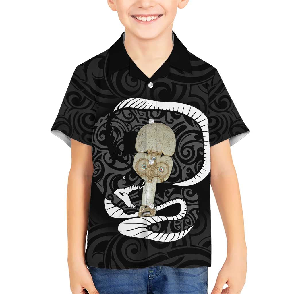 Black New Zealand Eel Kid Hawaiian Shirt Aotearoa Maori Tuna With Kotiate Weapon LT14 Kid Black - Polynesian Pride