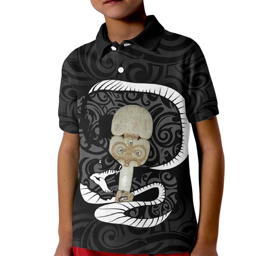 Black New Zealand Eel Kid Polo Shirt Aotearoa Maori Tuna With Kotiate Weapon LT14 Kid Black - Polynesian Pride