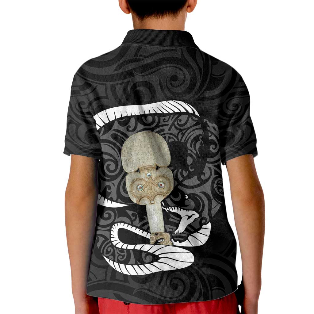 Black New Zealand Eel Kid Polo Shirt Aotearoa Maori Tuna With Kotiate Weapon LT14 - Polynesian Pride