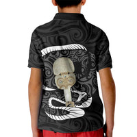 Black New Zealand Eel Kid Polo Shirt Aotearoa Maori Tuna With Kotiate Weapon LT14 - Polynesian Pride