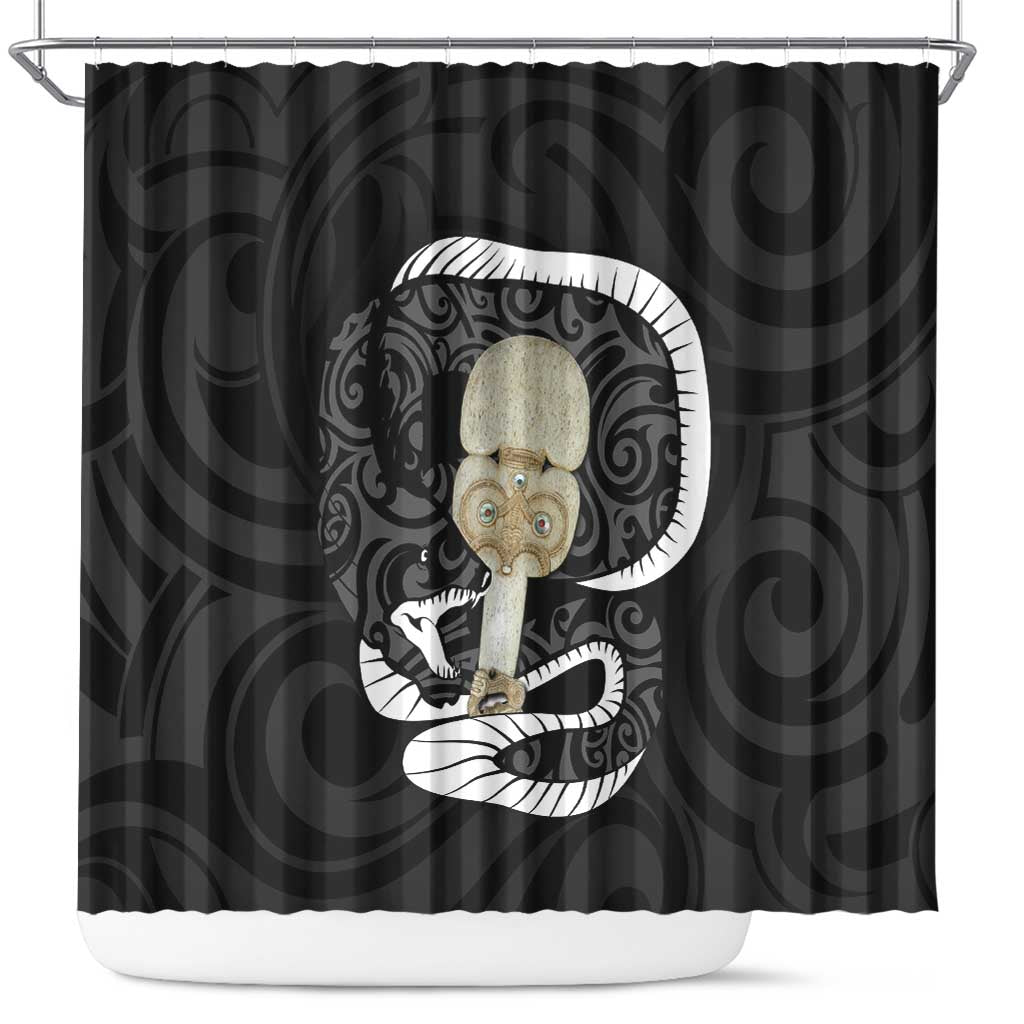 Black New Zealand Eel Shower Curtain Aotearoa Maori Tuna With Kotiate Weapon LT14 Black - Polynesian Pride