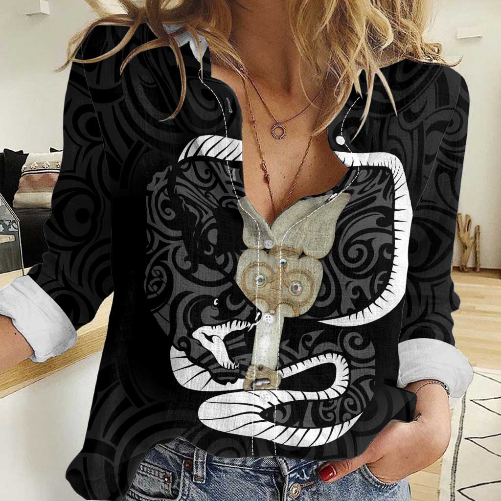 Black New Zealand Eel Women Casual Shirt Aotearoa Maori Tuna With Kotiate Weapon LT14 Female Black - Polynesian Pride