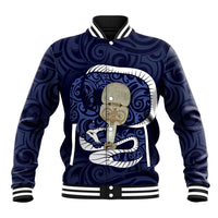 Blue New Zealand Eel Baseball Jacket Aotearoa Maori Tuna With Kotiate Weapon LT14 Unisex Blue - Polynesian Pride