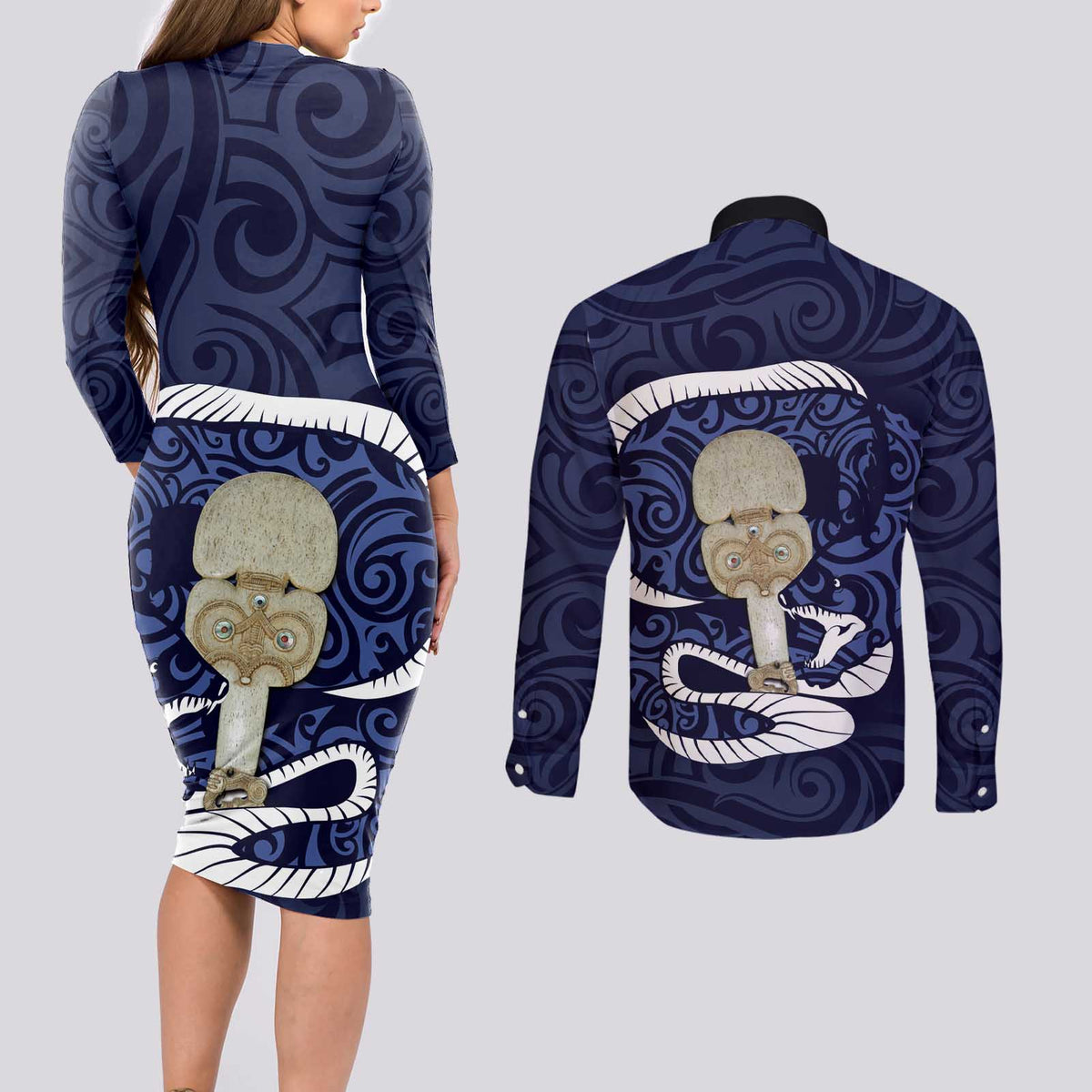 Blue New Zealand Eel Couples Matching Long Sleeve Bodycon Dress and Long Sleeve Button Shirt Aotearoa Maori Tuna With Kotiate Weapon
