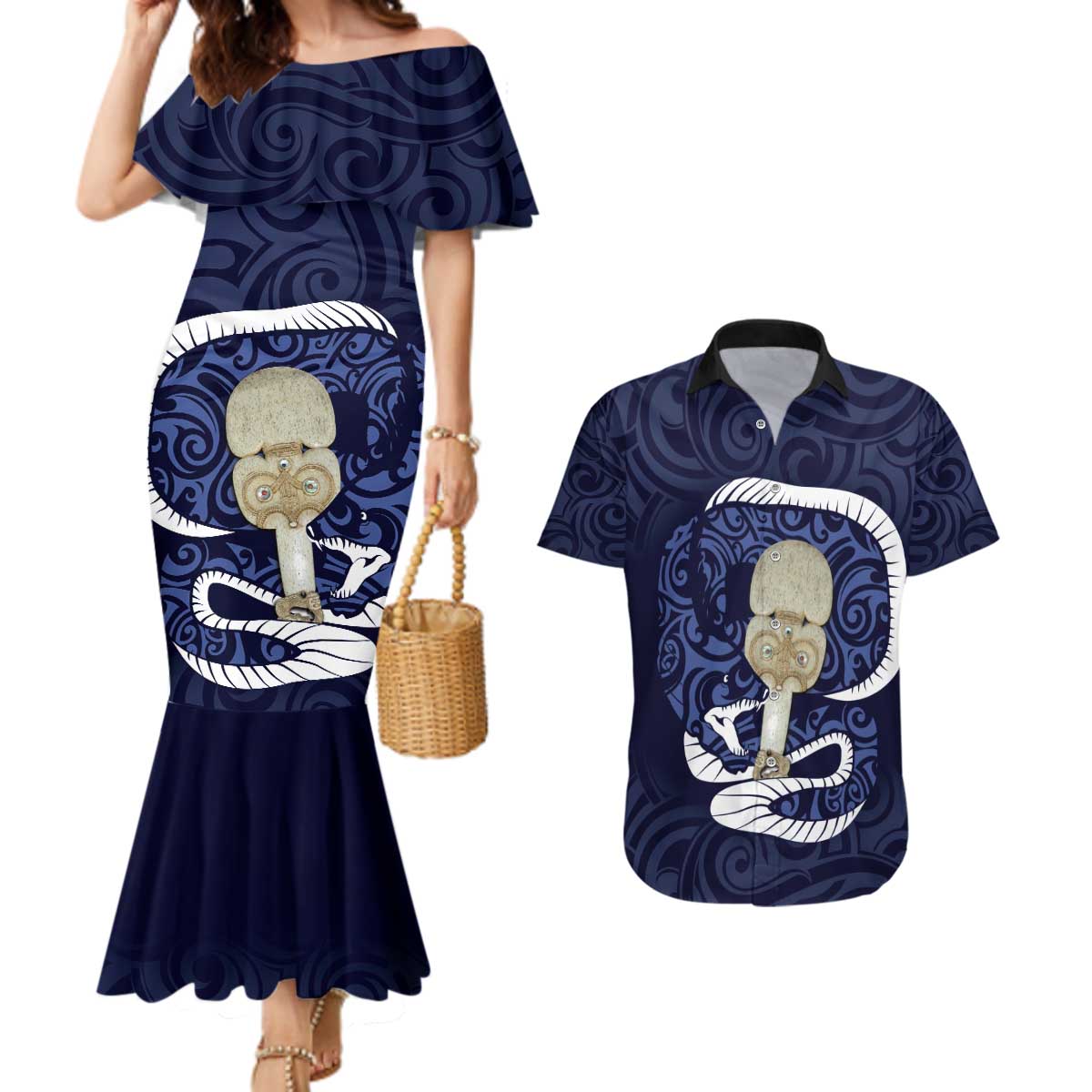 Blue New Zealand Eel Couples Matching Mermaid Dress and Hawaiian Shirt Aotearoa Maori Tuna With Kotiate Weapon