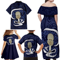 Blue New Zealand Eel Family Matching Off Shoulder Maxi Dress and Hawaiian Shirt Aotearoa Maori Tuna With Kotiate Weapon LT14 - Polynesian Pride