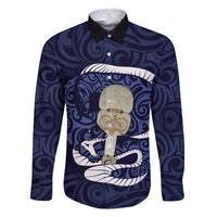 Blue New Zealand Eel Family Matching Off Shoulder Maxi Dress and Hawaiian Shirt Aotearoa Maori Tuna With Kotiate Weapon LT14 Dad's Shirt - Long Sleeve Blue - Polynesian Pride