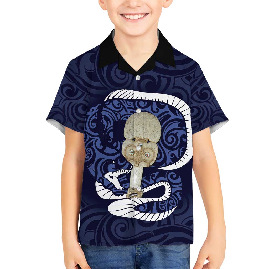 Blue New Zealand Eel Family Matching Off Shoulder Maxi Dress and Hawaiian Shirt Aotearoa Maori Tuna With Kotiate Weapon LT14 Son's Shirt Blue - Polynesian Pride