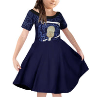 Blue New Zealand Eel Family Matching Off Shoulder Short Dress and Hawaiian Shirt Aotearoa Maori Tuna With Kotiate Weapon LT14 Daughter's Dress Blue - Polynesian Pride