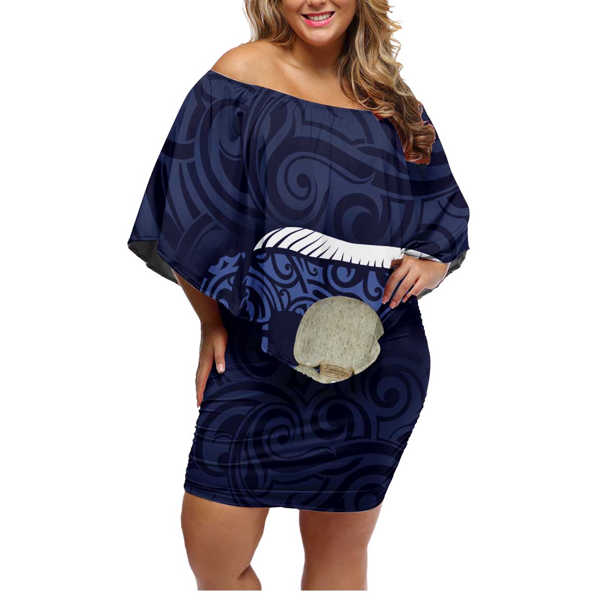Blue New Zealand Eel Family Matching Off Shoulder Short Dress and Hawaiian Shirt Aotearoa Maori Tuna With Kotiate Weapon LT14 Mom's Dress Blue - Polynesian Pride