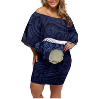 Blue New Zealand Eel Family Matching Off Shoulder Short Dress and Hawaiian Shirt Aotearoa Maori Tuna With Kotiate Weapon LT14 Mom's Dress Blue - Polynesian Pride