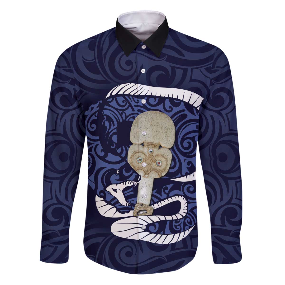 Blue New Zealand Eel Family Matching Puletasi and Hawaiian Shirt Aotearoa Maori Tuna With Kotiate Weapon LT14 Dad's Shirt - Long Sleeve Blue - Polynesian Pride