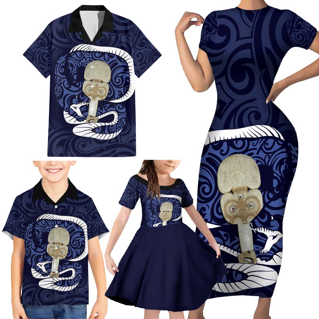 Blue New Zealand Eel Family Matching Short Sleeve Bodycon Dress and Hawaiian Shirt Aotearoa Maori Tuna With Kotiate Weapon LT14 - Polynesian Pride