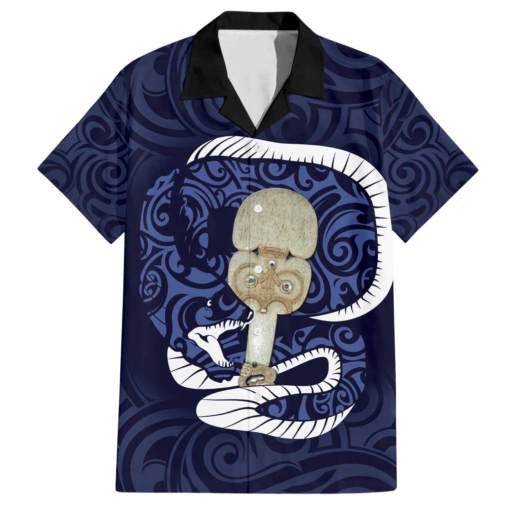 Blue New Zealand Eel Family Matching Summer Maxi Dress and Hawaiian Shirt Aotearoa Maori Tuna With Kotiate Weapon LT14 Dad's Shirt - Short Sleeve Blue - Polynesian Pride