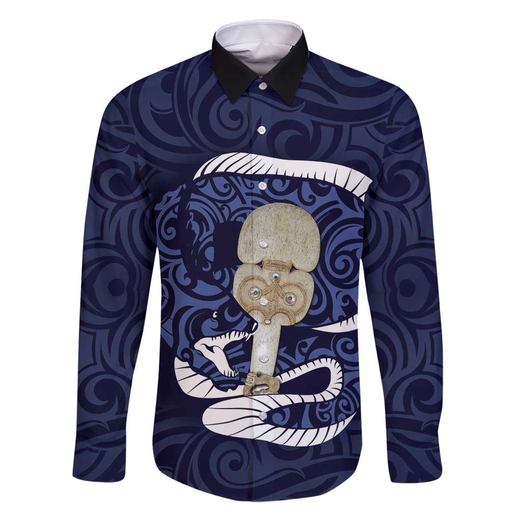 Blue New Zealand Eel Family Matching Summer Maxi Dress and Hawaiian Shirt Aotearoa Maori Tuna With Kotiate Weapon LT14 Dad's Shirt - Long Sleeve Blue - Polynesian Pride