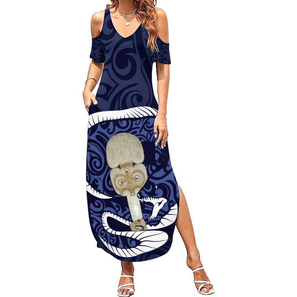 Blue New Zealand Eel Family Matching Summer Maxi Dress and Hawaiian Shirt Aotearoa Maori Tuna With Kotiate Weapon LT14 Mom's Dress Blue - Polynesian Pride