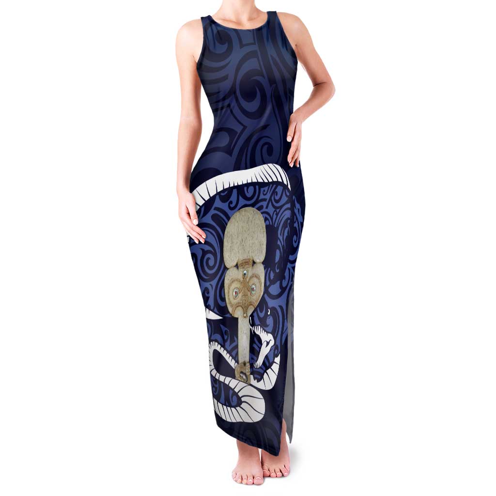 Blue New Zealand Eel Family Matching Tank Maxi Dress and Hawaiian Shirt Aotearoa Maori Tuna With Kotiate Weapon LT14 Mom's Dress Blue - Polynesian Pride