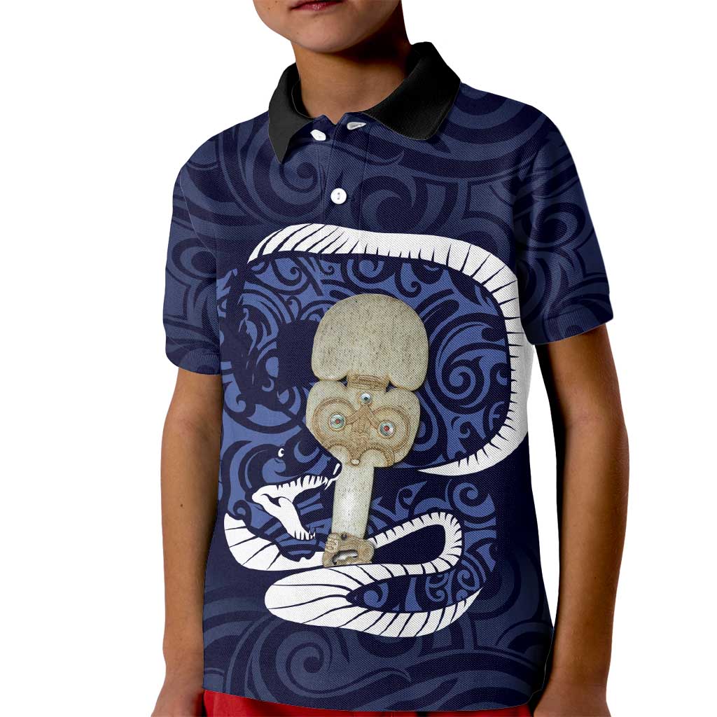 Blue New Zealand Eel Kid Polo Shirt Aotearoa Maori Tuna With Kotiate Weapon LT14 Kid Blue - Polynesian Pride