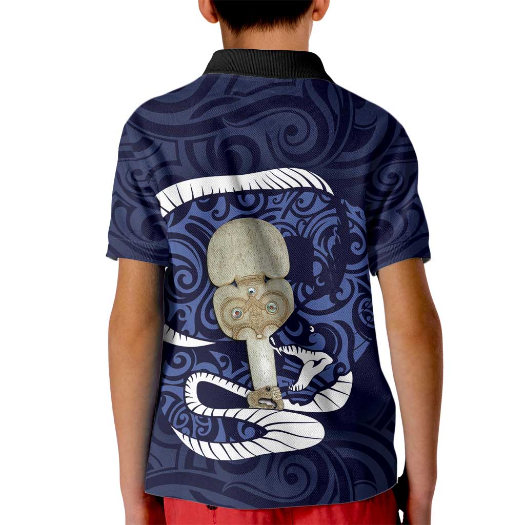 Blue New Zealand Eel Kid Polo Shirt Aotearoa Maori Tuna With Kotiate Weapon LT14 - Polynesian Pride