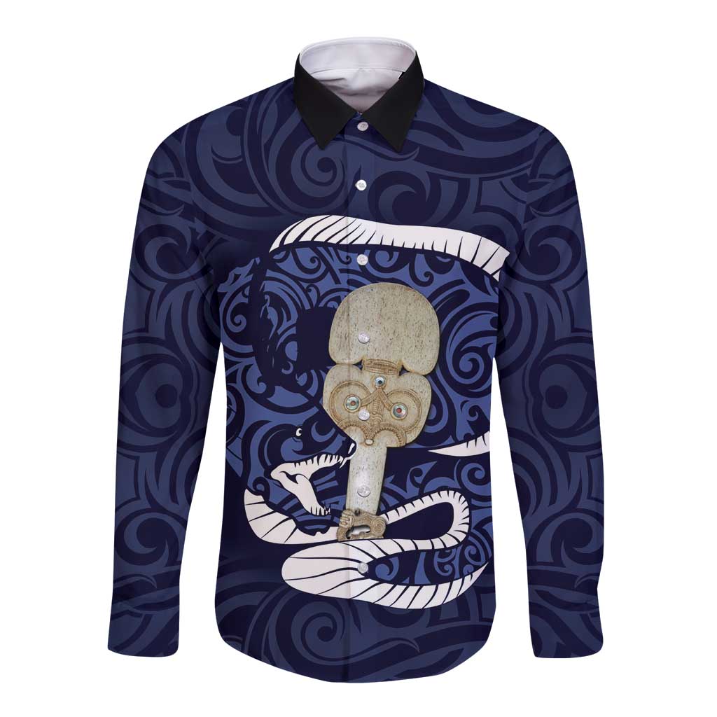 Blue New Zealand Eel Long Sleeve Button Shirt Aotearoa Maori Tuna With Kotiate Weapon LT14 Unisex Blue - Polynesian Pride