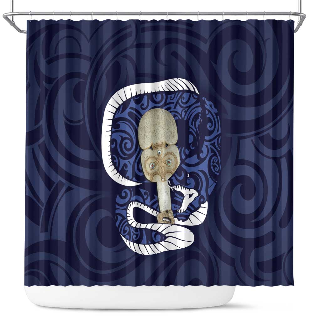 Blue New Zealand Eel Shower Curtain Aotearoa Maori Tuna With Kotiate Weapon