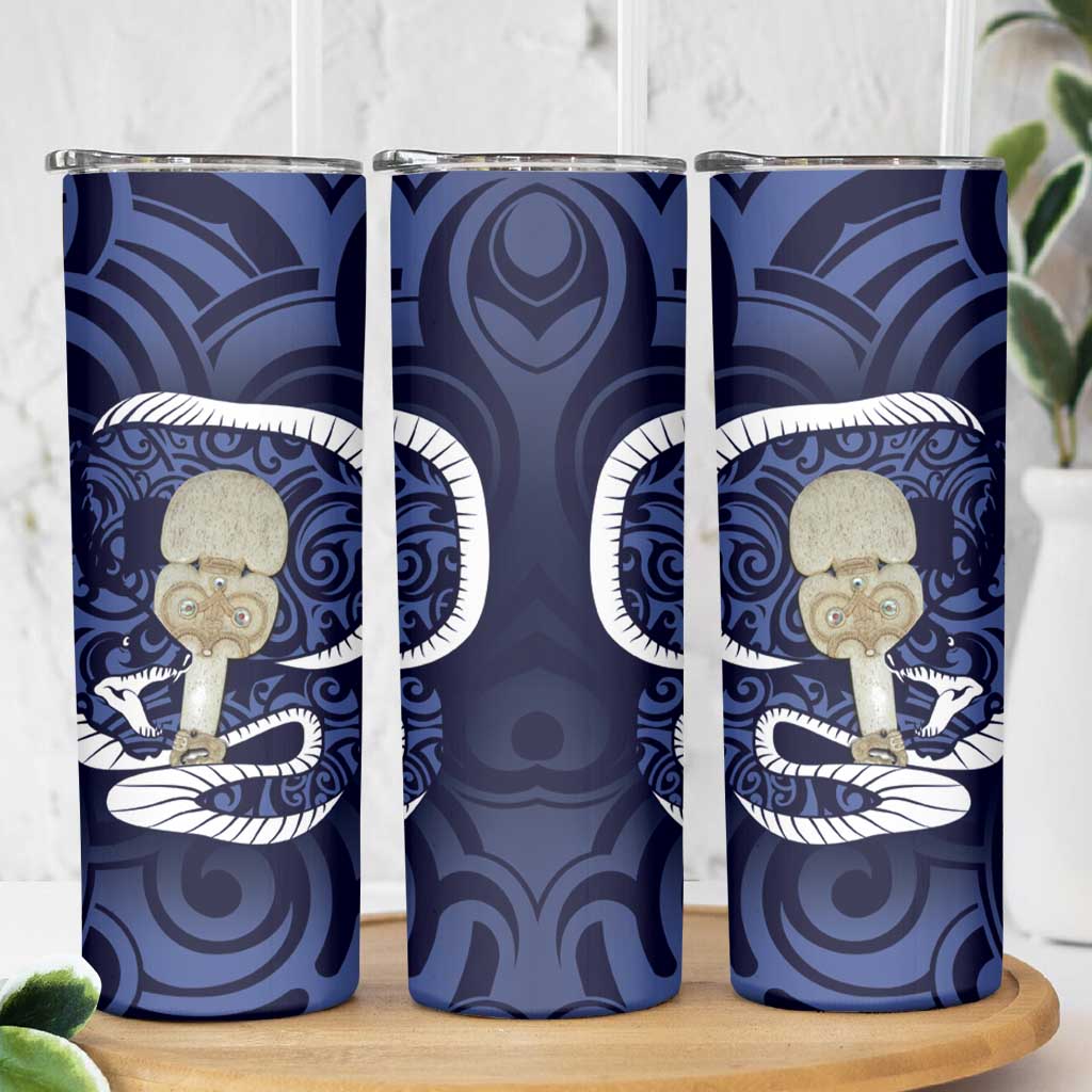 Blue New Zealand Eel Skinny Tumbler Aotearoa Maori Tuna With Kotiate Weapon