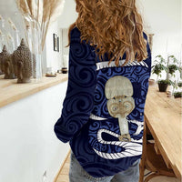 Blue New Zealand Eel Women Casual Shirt Aotearoa Maori Tuna With Kotiate Weapon LT14 - Polynesian Pride
