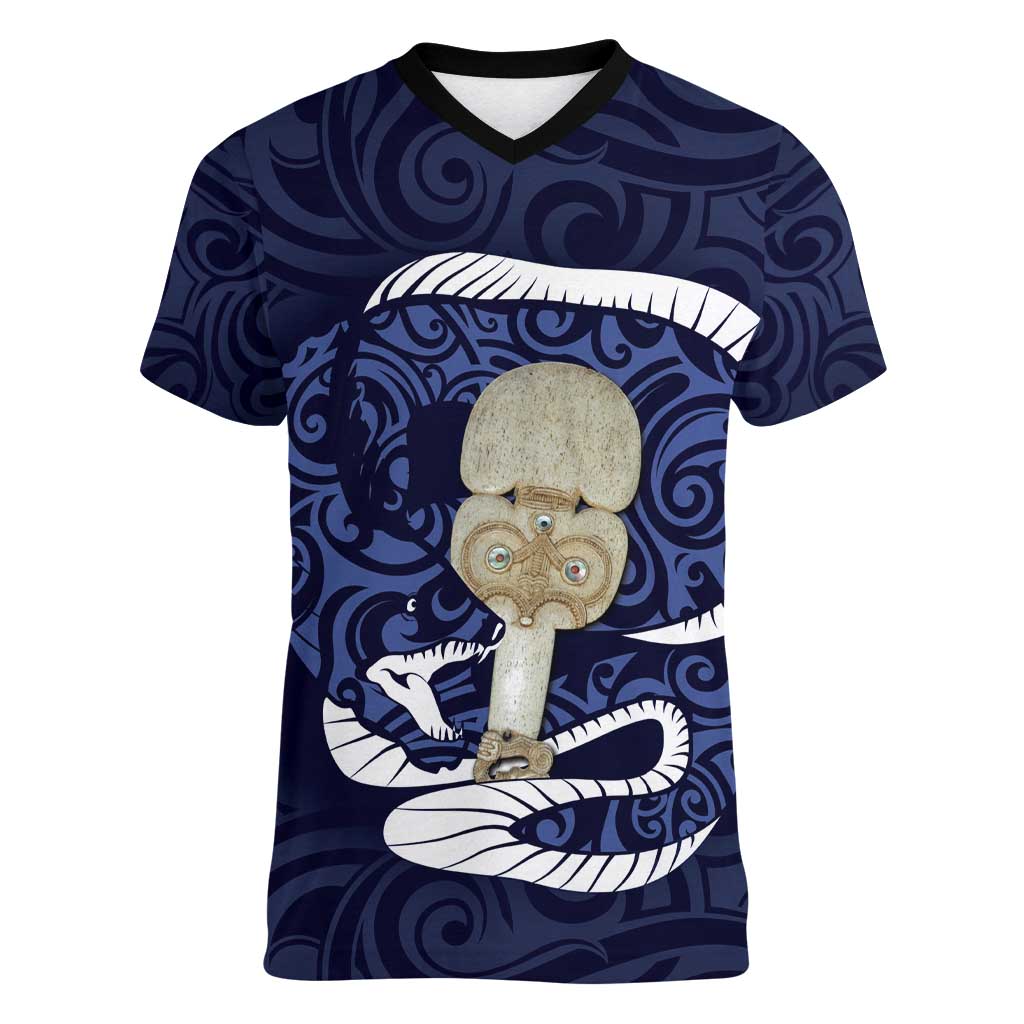 Blue New Zealand Eel Women V-Neck T-Shirt Aotearoa Maori Tuna With Kotiate Weapon LT14 Female Blue - Polynesian Pride